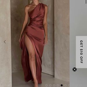 Baby boo rust brown formal dress, high slit